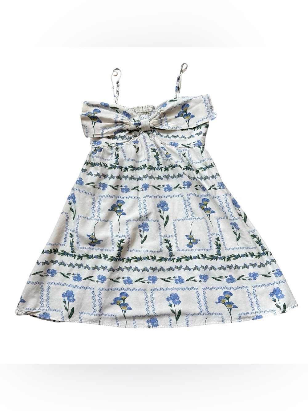 Japna Blue Floral Cottagecore Linen Blend Bow Mini Dress Coquette Small Romantic